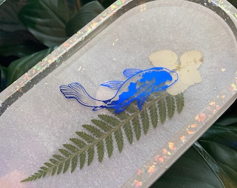 Koi Fish Floral and Fern Cobalt Blue and White Trinket Tray Jewelry Tray Ring Dish