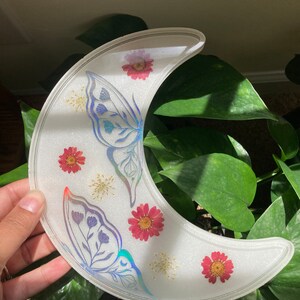 Holographic Silver Butterfly Daisy Crescent Moon Floral Jewelry Trinket Tray Ring Dish