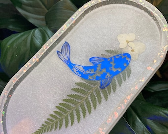 Koi Fish Floral and Fern Cobalt Blue and White Trinket Tray Jewelry Tray Ring Dish