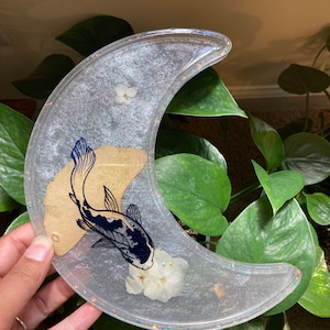 Cobalt Blue Koi Fish Moon Tray Gingko Gray Home Decor Trinket Tray Jewelry Ring Dish