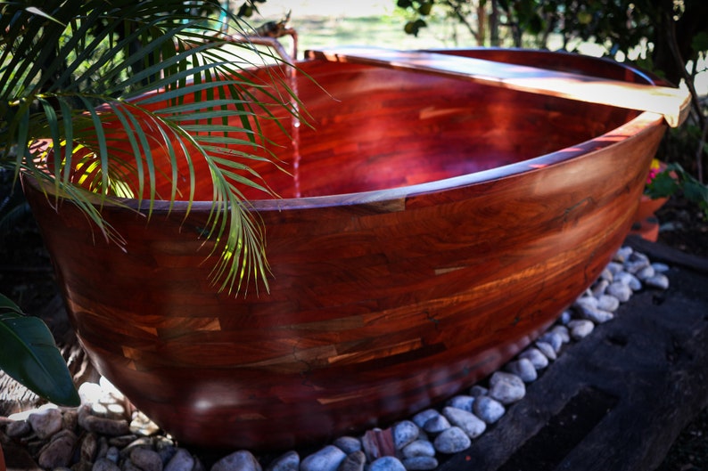 Wooden bathtub. Rosewood. Outdoors. Bath caddy included image 1