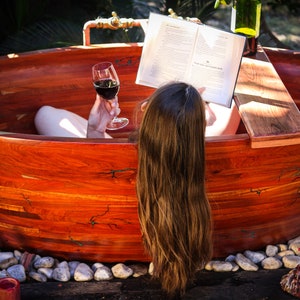 Wooden bathtub. Rosewood. Outdoors. Bath caddy included image 3