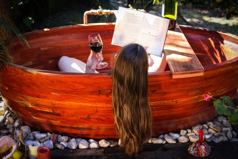 Wooden bathtub. Rosewood. Outdoors. Bath caddy included image 3