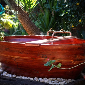 Wooden bathtub. Rosewood. Outdoors. Bath caddy included image 2