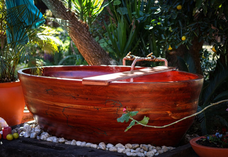 Wooden bathtub. Rosewood. Outdoors. Bath caddy included image 2