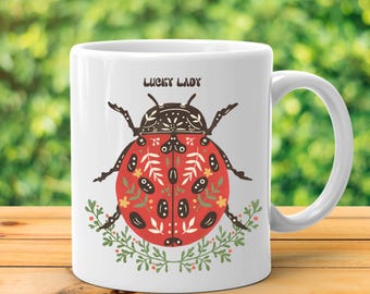 Lady Bug Coffee Mug - Lucky Lady gift - Cottagecore cup - Insect Bug lover - Teacher mug - Cup for Mom - coworker gift - best friend gift