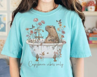 Boho Vintage Capybara Comfort Colors t shirt - Cappy Vibes shirt - Capybara lover gift - Wildflower animal rodent tshirt, Bathtub Capybara t