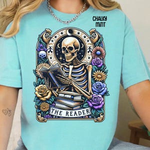 Comfort Colors® The Reader Tarot Card Shirt, Skeleton Reading Shirt, Unisex Tarot Card Shirt, Book Lover Gift, Bookish Gift,Tarot Lover Gift