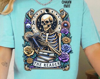 Comfort Colors® The Reader Tarot Card Shirt, Skeleton Reading Shirt, Unisex Tarot Card Shirt, Book Lover Gift, Bookish Gift,Tarot Lover Gift
