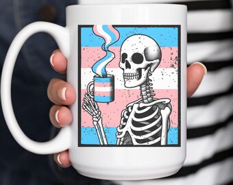 Transgender Pride Skeleton Coffee Mug- Subtle Trans Cup - LGBTQ Pride Mug - Trans Gift - Trans Ally Mug - Protect Trans Kids - Pink Blue Mug