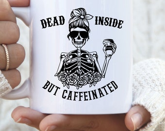 Skeleton Drinking Coffee Mug, Funny Skeleton Mug, Mom Coffee Mug, Skull Coffee Mom Mug, Messy Bun Fall Mug, Spooky Coffee Mug Mom