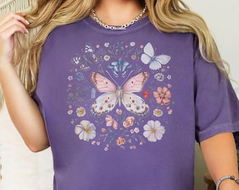 Boho Botanical Comfort Colors tshirt - moth butterfly shirt - nature lover gift - vintage butterfly t shirt - cottagecore plant  moth shirt