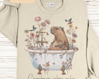 Boho Vintage Capybara sweatshirt - Cappy Vibes shirt - Capybara lover gift - Wildflower animal rodent tshirt, Bathtub Capybara sweatshirt