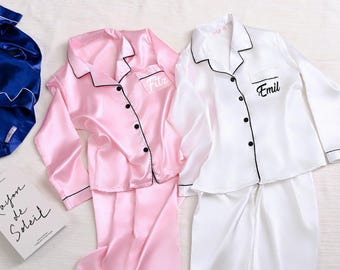 Personalized Satin Pajama Set - Soft Silk-Like PJs, Bridesmaid & Bachelorette Gift for Her, Monogram Sleepwear
