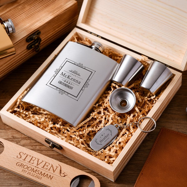The Ultimate Groomsmen Gift Set, Personalized Metal Flask and Shot Glass Set in Engraved Wooden Box, Gift Flask for Groomsmen/Best Man