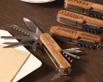 Couteau suisse personnalisé, couteaux cadeaux de garçons d'honneur, cadeau d'extérieur pour lui, couteau gravé avec main en bois, cadeau de mariage personnalisé