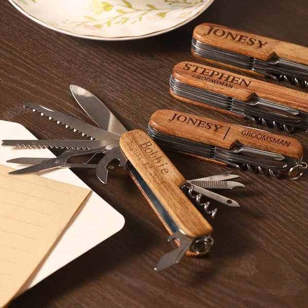 Personalized Swiss Army Knife,Groomsmen Gifts Knives,Outdoor Gift for Him,Engraved Knife with Wooden Hand,Custom Wedding Gift