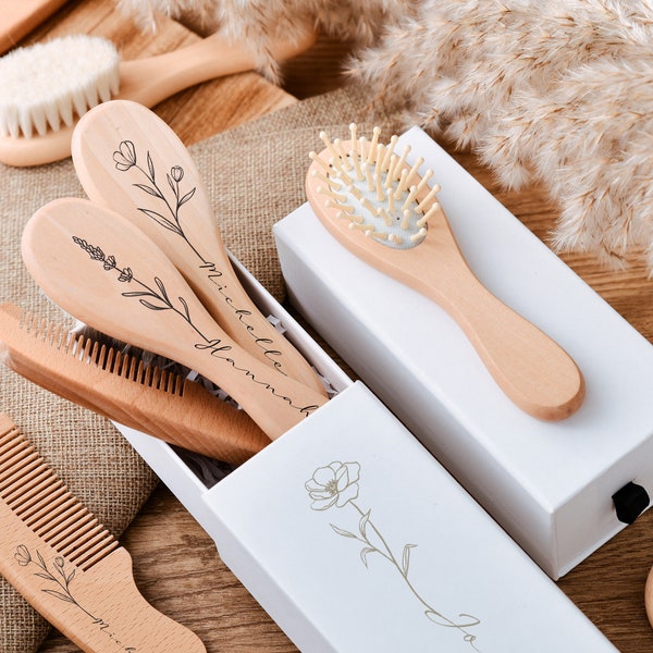 Ensemble brosse et peigne pour bébé gravés personnalisés pour fille | Brosse à cheveux en bois personnalisée pour bébé | Cadeau souvenir baby shower | Idée cadeau bébé fille