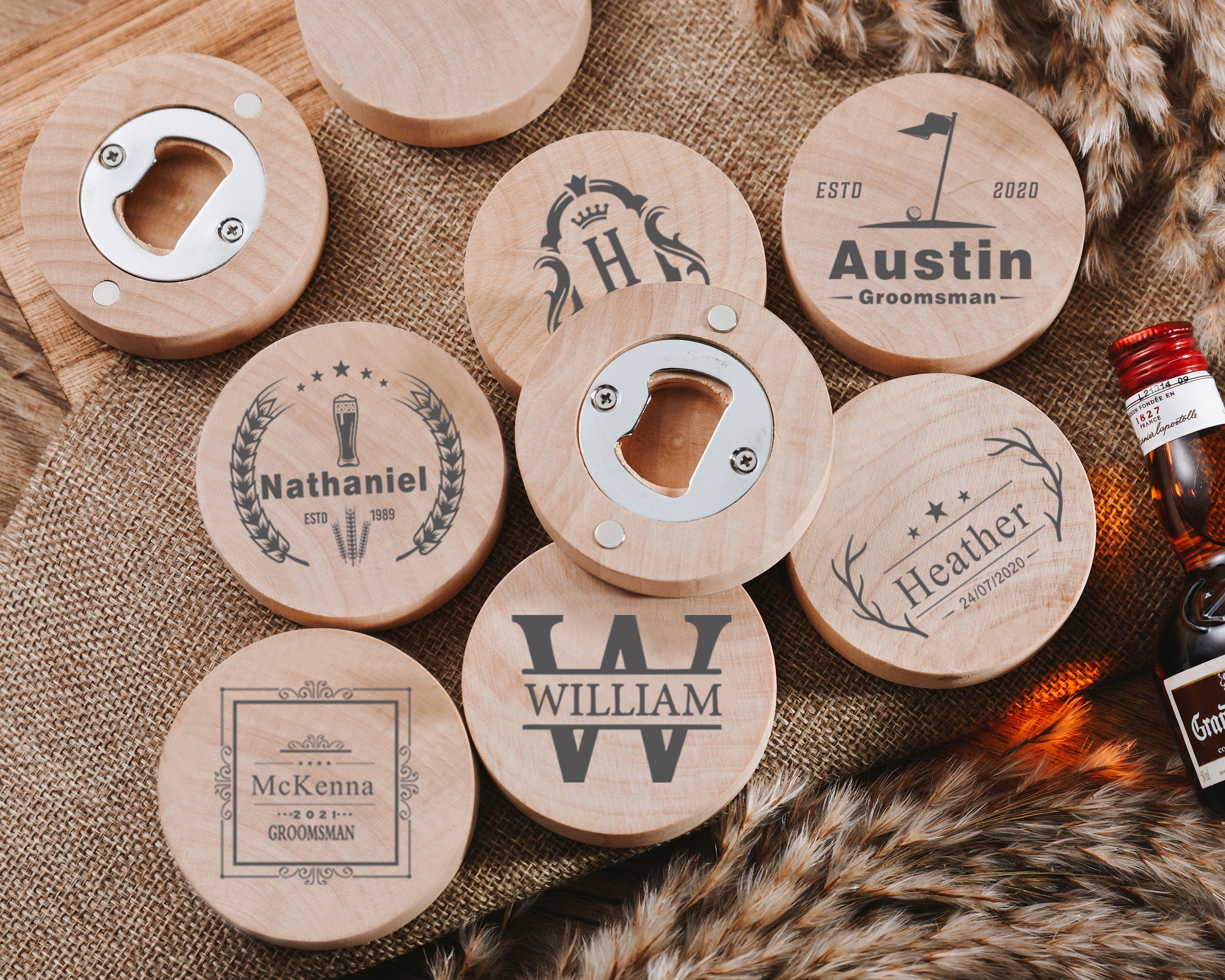 Custom logo engraved wooden magnet bottle opener,Gift of the Groomsmen,Personalized solid wood beer opener for party