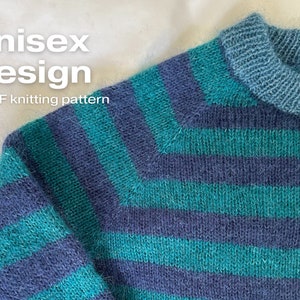 May include: A striped knit sweater with a blue and green color scheme. The sweater has a crew neck and a relaxed fit. The text "Unisex Design" and "a PDF knitting pattern" is visible in the image.