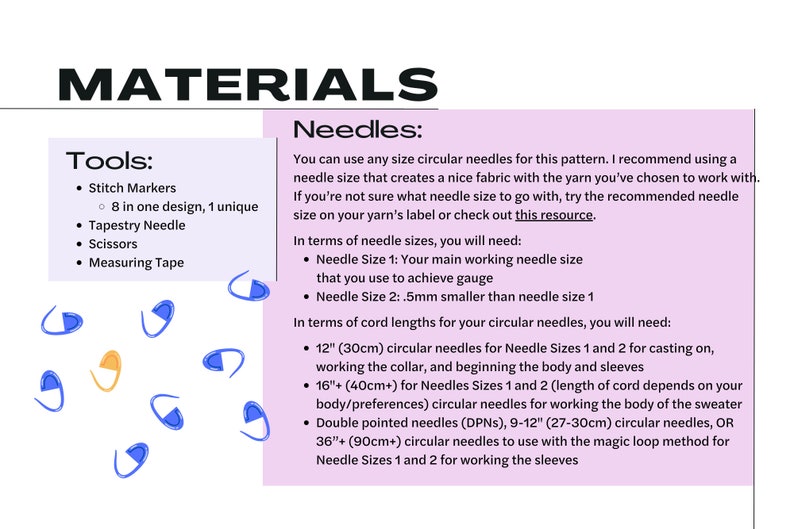 May include: A list of materials needed for a knitting project, including stitch markers, tapestry needles, scissors, measuring tape, and circular needles in various sizes. The text mentions using a needle size that creates a nice fabric with the yarn you've chosen to work with. It also recommends checking out a resource for more information on needle sizes.