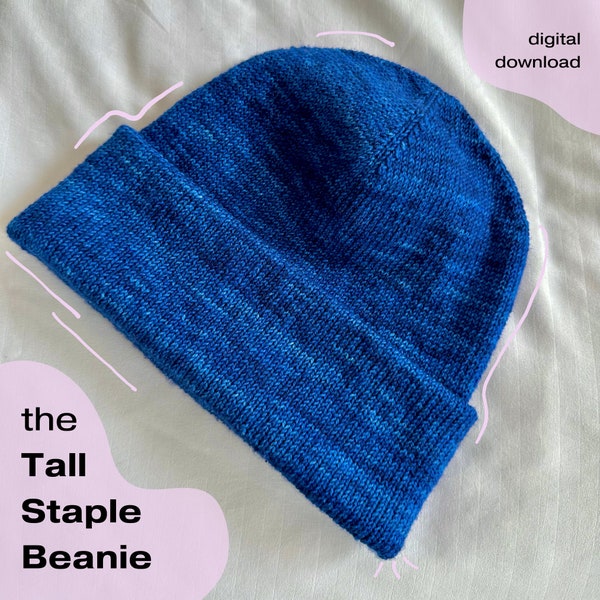 Hat Knitting Pattern | The Tall Staple Beanie | Made-To-Measure Customizable Length Knitting Pattern | Basic | Confident Beginner Easy