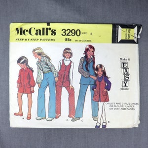 Vintage McCall&#39;s 3290 Schnittmuster - Mädchen Kleid oder Bluse, Pullover oder Weste und Hose - Mädchen Größe 4 - Copyright 1972 - CUT
