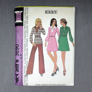 Vintage McCall&#39;s 3690 Pattern - Misses Dress or Top, Shirt and Pants - Misses Size 10 - Copyright 1973 - CUT