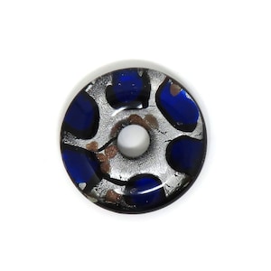 Round  Blue and Silver Glass Donut Pendant With Specks of Gold - 41mm - 8mm Hole