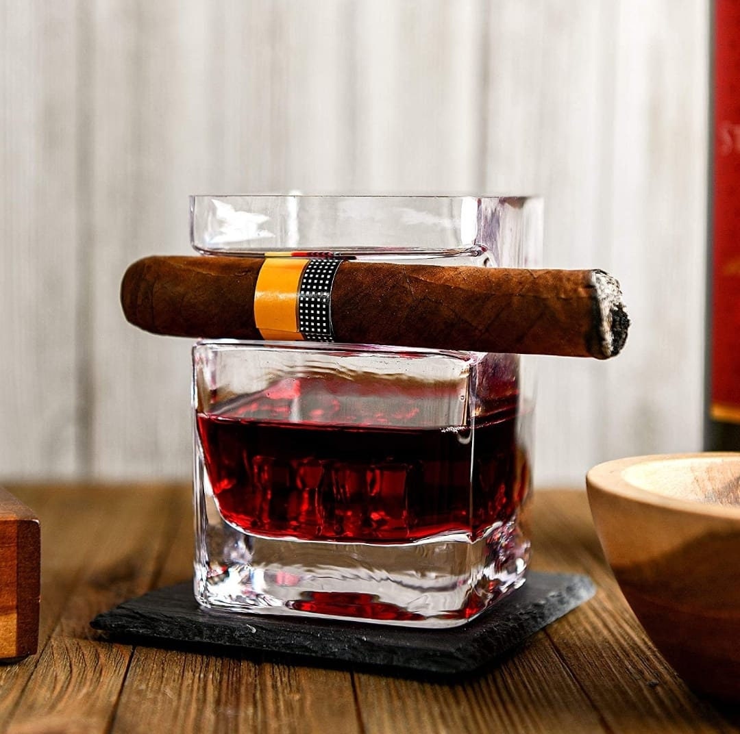 Whiskey Glass With Cigar Holder Scotch Glass Cigar Holder Etsy