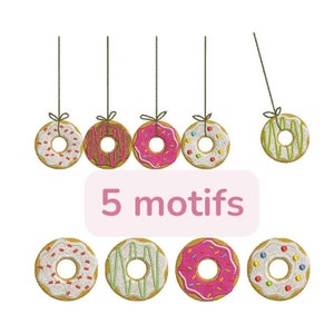 May include: Five embroidered donut designs with different toppings, including sprinkles, chocolate, and pink frosting. The text "5 motifs" is written below the donuts.