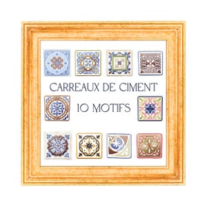 Może przedstawiać: Ilustracja w ramie przedstawiająca 10 różnych wzorów płytek z tekstem "CARREAUX DE CIMENT 10 MOTIFS". Płytki są w różnych kolorach, w tym niebieskim, zielonym, żółtym i czerwonym.