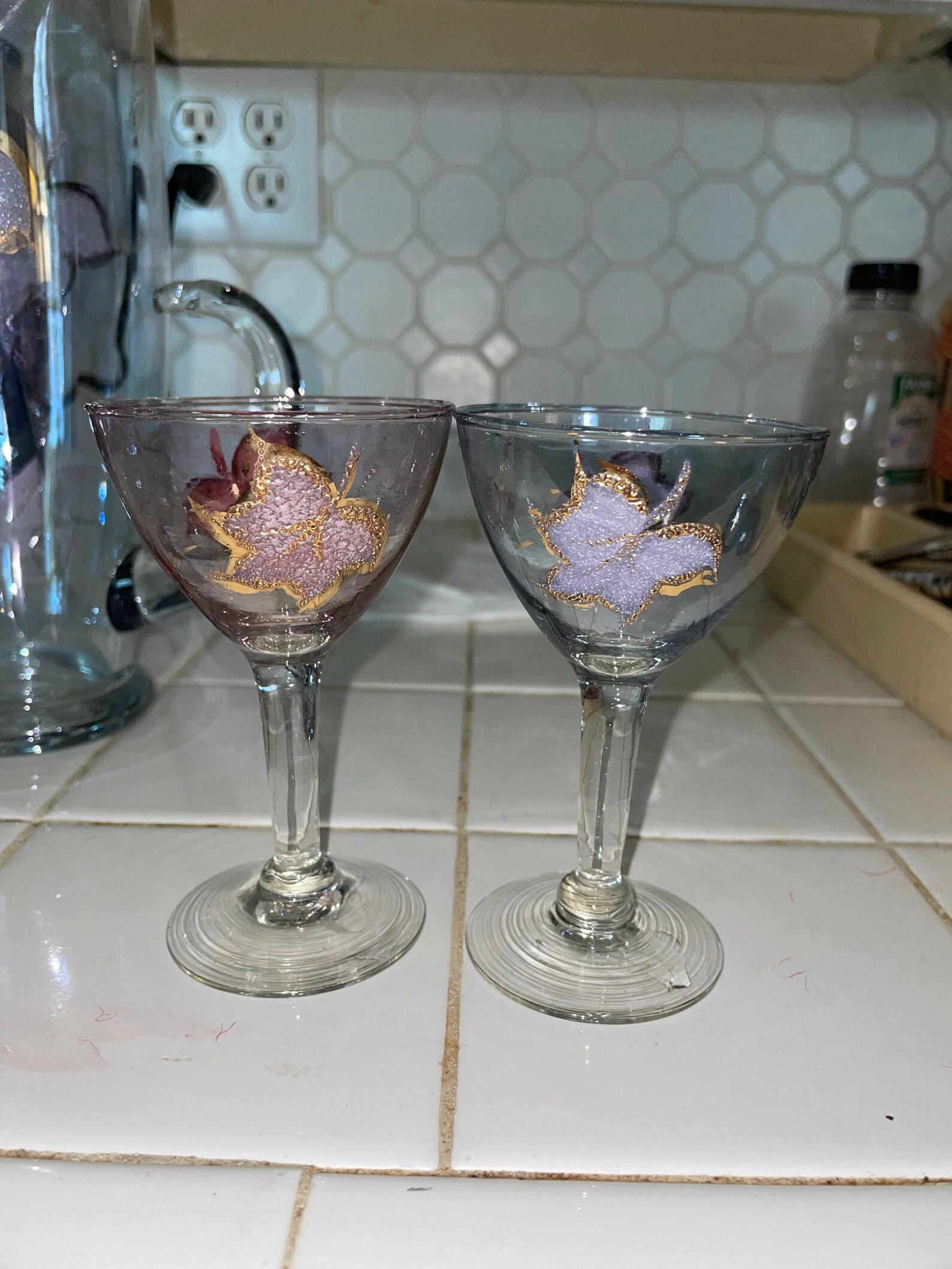 Vintage Hand Painted Gold Leaf Glass Pitcher And Liquor Etsy