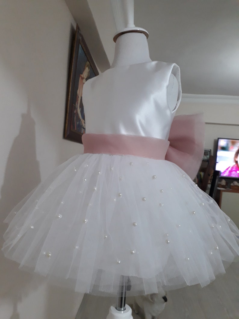 Beautiful Ankle Garment Girls Fancy Dress Long Girl Dress GRETA pearl Tulle Flower Girl Dress Blush Dress Wedding Bridesmaid Dress
