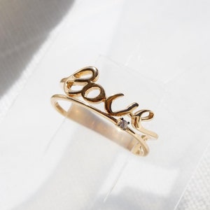 14K Solid Gold Love Ring, Cursive Font Script Love Ring, Dainty Promise Ring, I Love You Ring, Romantic Jewelry, Valentines Day Gift for Her