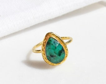 14K Gold Plated Teardrop Raw Emerald Ring: Adjustable Sterling Silver Band, Natural Green Gemstone