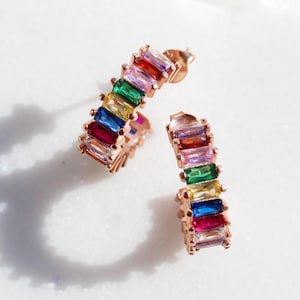 Gold Plated Colorful Baguette Hoop Earrings, Sterling Silver Multicolor Open Hoop Earrings, Rainbow Cubic Zirconia Pave Earrings for Women