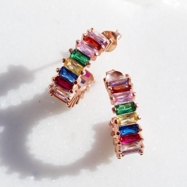 Gold Plated Colorful Baguette Hoop Earrings, Sterling Silver Multicolor Open Hoop Earrings, Rainbow Cubic Zirconia Pave Earrings for Women