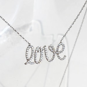 Sterling Silver Love Necklace, Cubic Zirconia Love Word Pendant, Handwriting Script Love Necklace, I Love You Necklace, Valentine&#39;s Day Gift