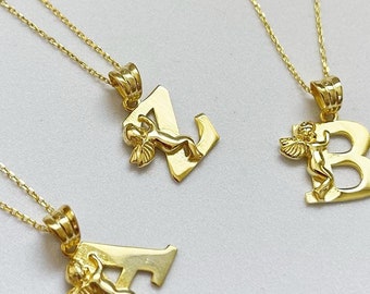 14K Gold Plated Angel Initial Necklace: Sterling Silver Letter Pendant, Eros Angel Charm