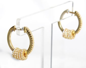 14K Gold Plated Hoop Earrings With Sliding Rings, Sterling Silver Mini Pave Hoop Earrings, Unique Multi-circle Hoop Earrings, Gift for Women