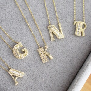 14K Gold Plated Baguette Initial Necklace: Sterling Silver Letter Pendant, Baguette Cubic Zirconia Pave