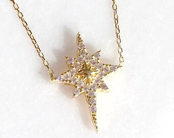 8K Solid Gold North Star Necklace, Dainty Polaris Pole Star Pendant, Minimalist Delicate Celestial Starburst Necklace, Elegant Gift for Her