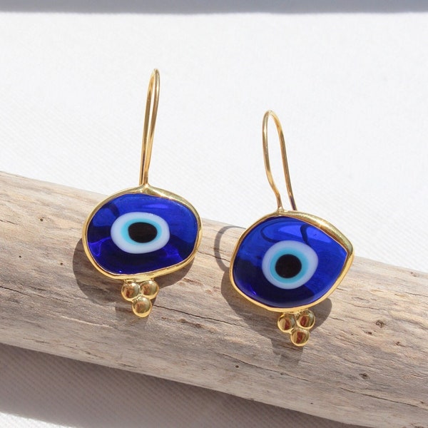 14K Gold Plated Evil Eye Glass Bead Drop Earrings, Organic Shaped Turkish Evil Eye Hook Earrings, Sterling Silver Nazar Protection Earrings