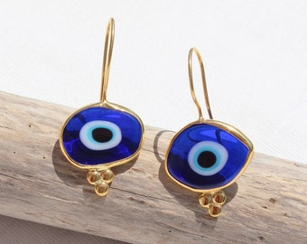 14K Gold Plated Evil Eye Glass Bead Drop Earrings, Organic Shaped Turkish Evil Eye Hook Earrings, Sterling Silver Nazar Protection Earrings