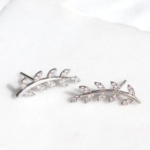 925 Sterling Silver Olive Branch Stud Earrings, Minimalist Leaf Ear Crawler Earrings, Dainty Tree Branch Ear Climber Earrings, Gift for Her