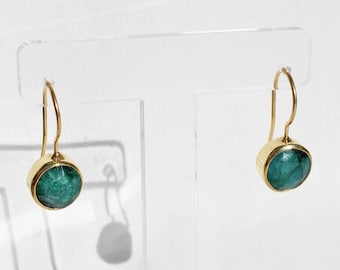 14K Gold Plated Raw Emerald Drop Earrings,  Sterling Silver Natural Emerald Green Gemstone Hook Earrings, May Birthstone Rebirth Jewelry