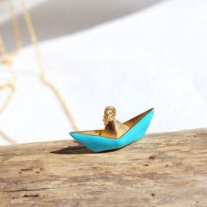 14K Gold Plated Paper Boat Necklace, Sterling Silver Blue Enamel Origami Ship Pendant, Dainty Nautical Maritime Necklace, Sea Lover Gift