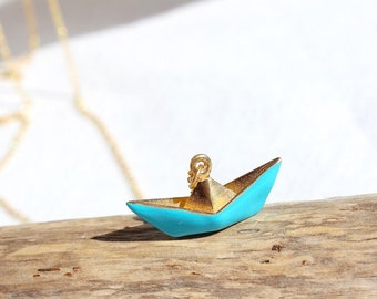 14K Gold Plated Paper Boat Necklace, Sterling Silver Blue Enamel Origami Ship Pendant, Dainty Nautical Maritime Necklace, Sea Lovers Gift