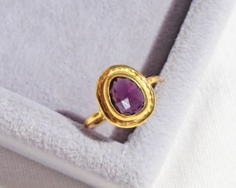 14K Gold Plated Purple Gemstone CZ Ring, Hammered Sterling Silver Traditional Vintage Style Adjustable Ring, Dainty Boho Faux Amethyst Ring